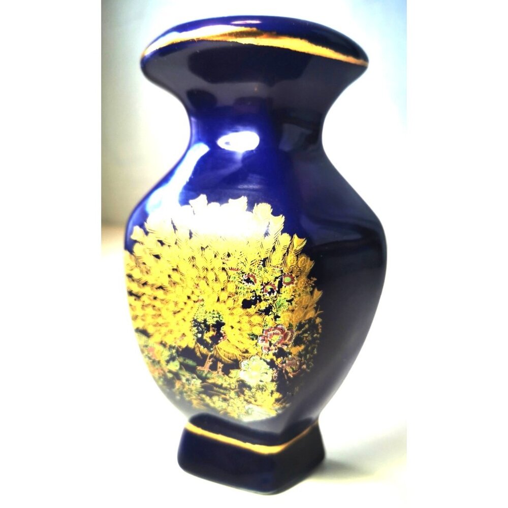 Porcelain Wall Pocket Vintage Japanese Cobalt Blue Gold Peacock Design  6.75”
